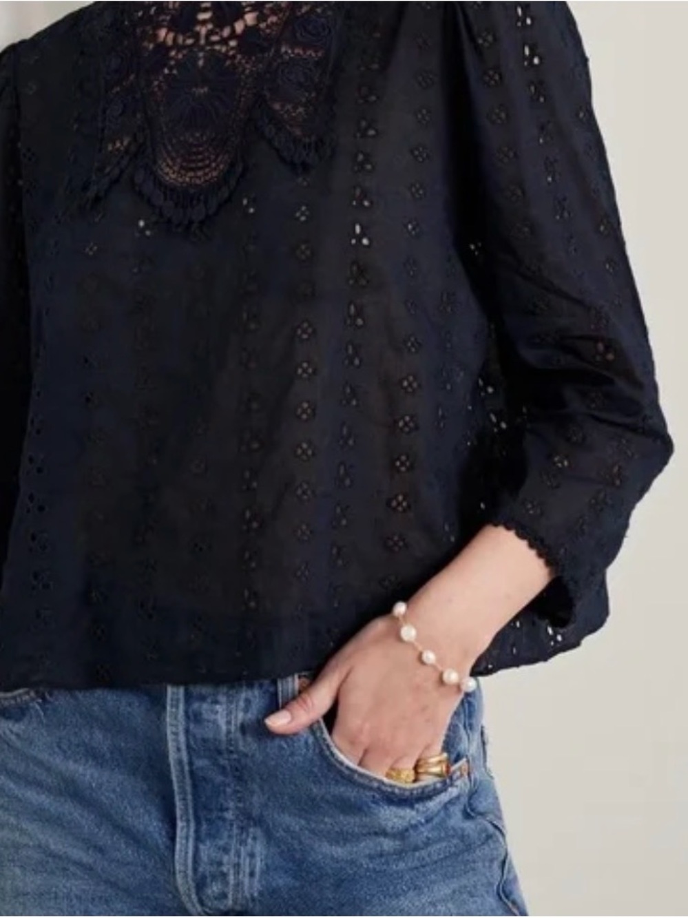 Doen Essie Navy Eyelet Crochet Yoke Women's Top